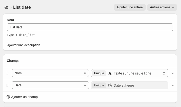 Shopify metaobject : Interface de saisie de date